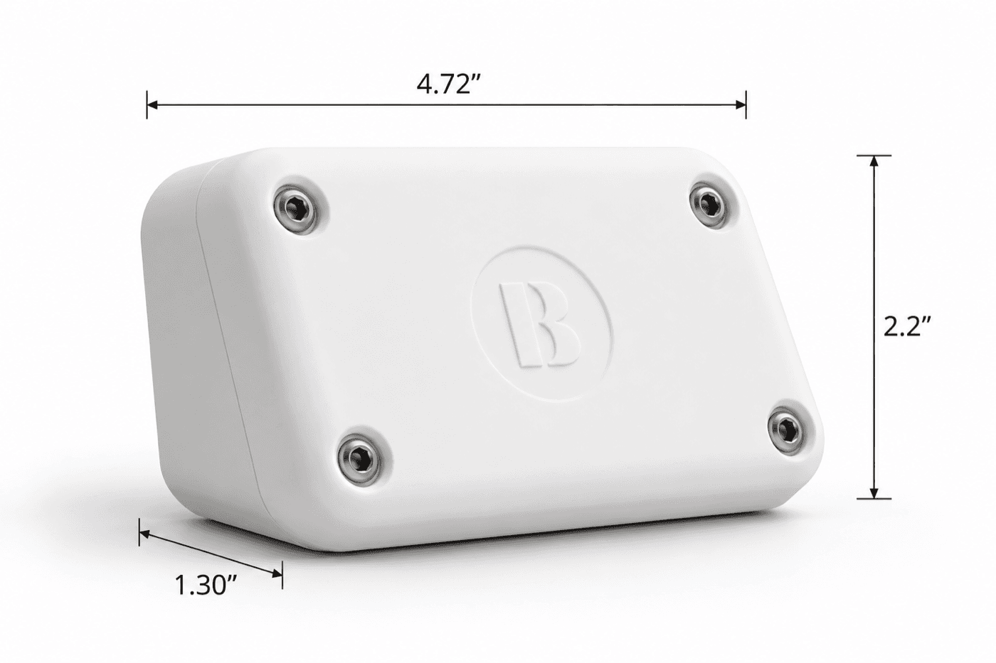 Product render of the Bizzi PS Sensor with its dimensions marked: 4.72 by 2.2 by 1.30 inches.